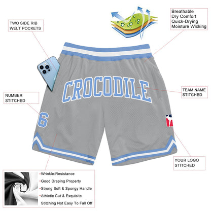 Custom Gray Light Blue-White Authentic Throwback Basketball Shorts