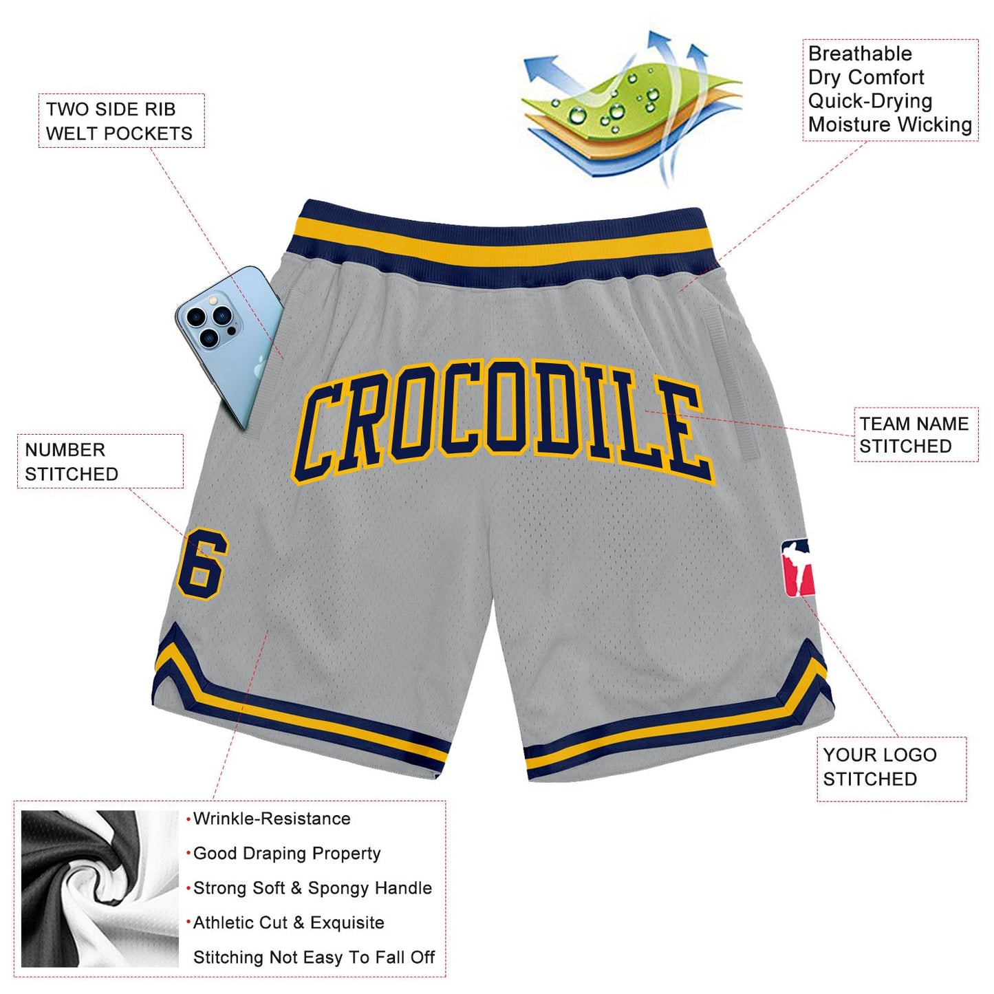 Custom Gray Navy-Gold Authentic Throwback Basketball Shorts