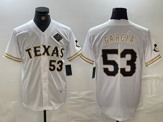 Texas Rangers #53 Adolis Garcia Number White Gold Cool Base Stitched Baseball Jersey