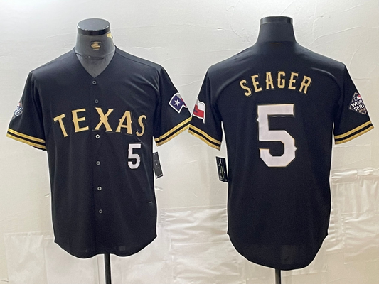 Texas Rangers #5 Corey Seager Number Black Gold Cool Base Stitched Baseball Jersey