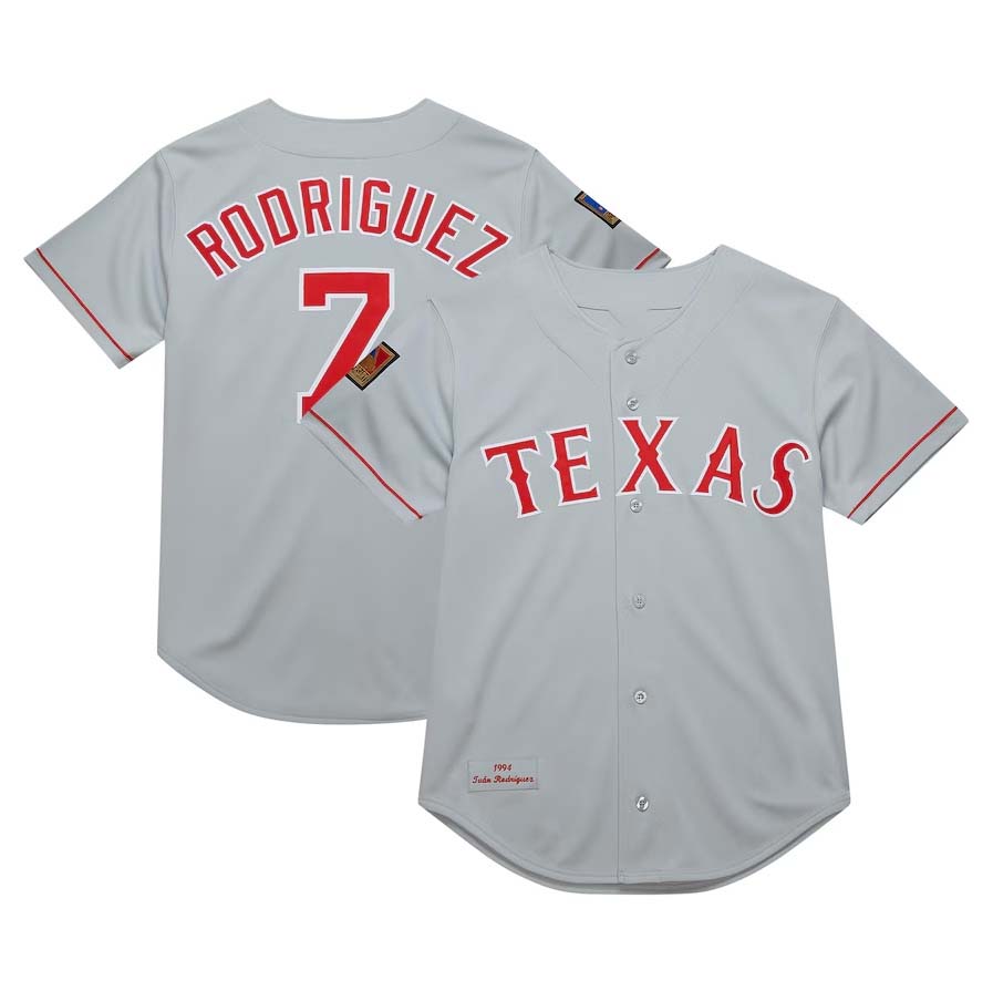 Texas Rangers #7 Ivan Rodriguez Mitchell & Ness 1994 Cooperstown Collection Authentic Dark Jersey - Gray Baseball Jerseys