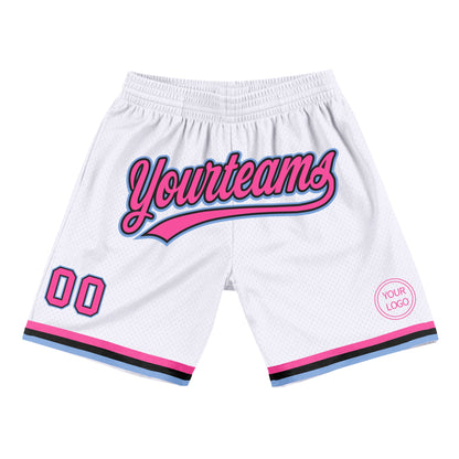 Custom White Pink Black-Light Blue Authentic Throwback Basketball Shorts