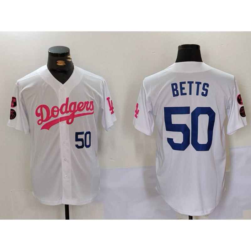 Los Angeles Dodgers #50 Mookie Betts White Pink KLUNKIM Vin & Kobe Patch Stitched Jerseys