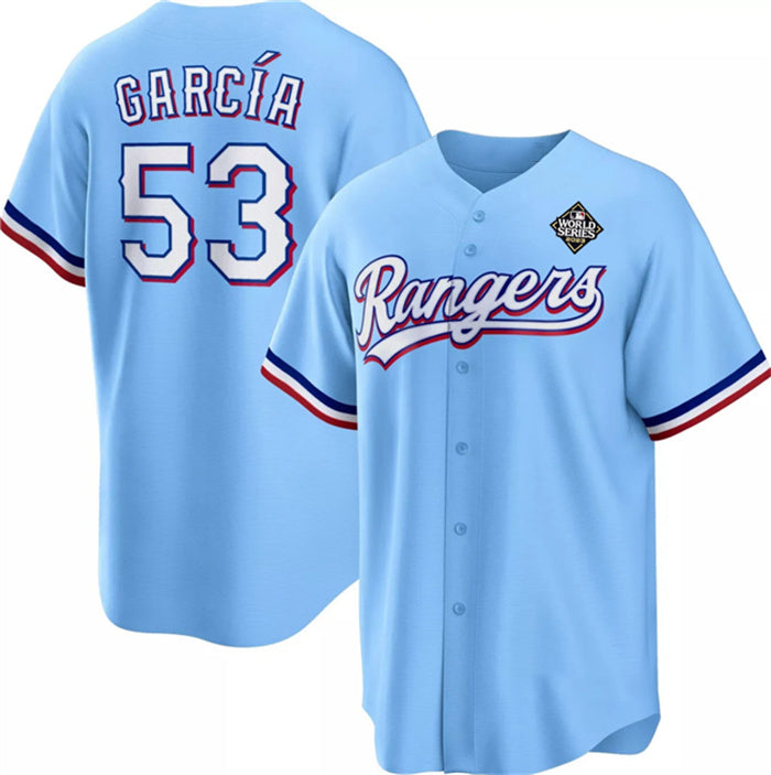 Texas Rangers #53 Adolis Garc¨ªa Blue KLUNKIM 2023 World Series Cool Base Stitched Jersey