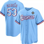 Texas Rangers #53 Adolis Garc¨ªa Blue KLUNKIM 2023 World Series Cool Base Stitched Jersey