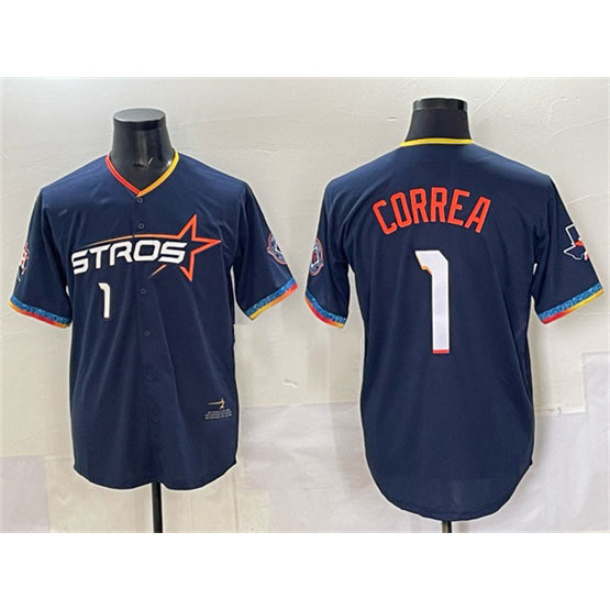 Houston Astros #1 Carlos Correa Navy KLUNKIM 2025 City Connect With Texas Patch Limited Stitched Jersey