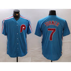 Philadelphia Phillies #7 Trea Turner Blue KLUNKIM Cooperstown Throwback Cool Base Jersey