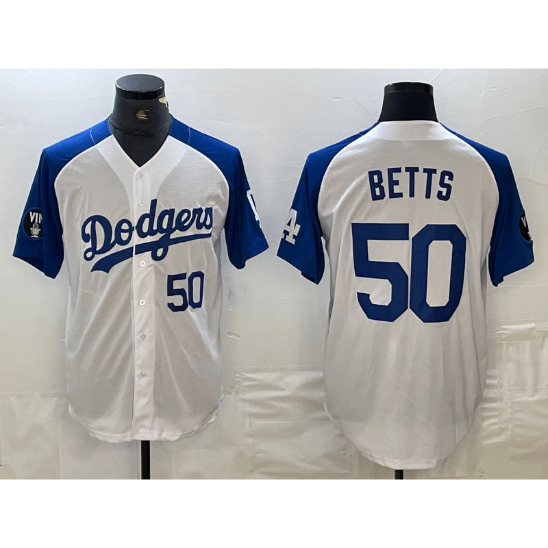 Los Angeles Dodgers #50 Mookie Betts Number White Blue KLUNKIM Fashion Stitched Cool Base Limited Jersey 2