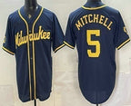 Milwaukee Brewers #5 Garrett Mitchell Navy Blue KLUNKIM Stitched Cool Base Jersey