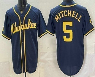 Milwaukee Brewers #5 Garrett Mitchell Navy Blue KLUNKIM Stitched Cool Base Jersey