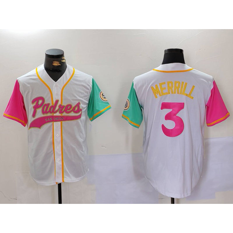 San Diego Padres #3 Jackson Merrill White KLUNKIM NEW 2023 City Connect Cool Base Stitched Jersey