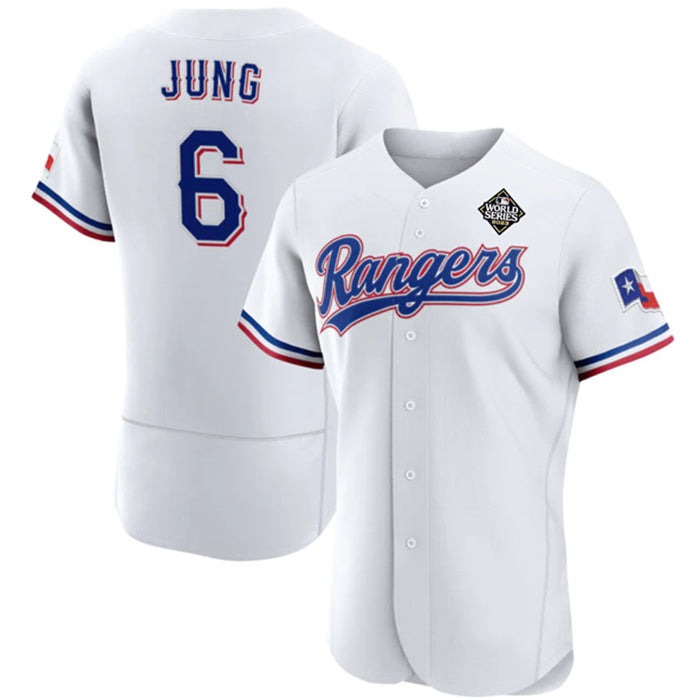 Texas Rangers #6 Josh Jung White KLUNKIM 2023 World Series Flex Base Stitched Jersey