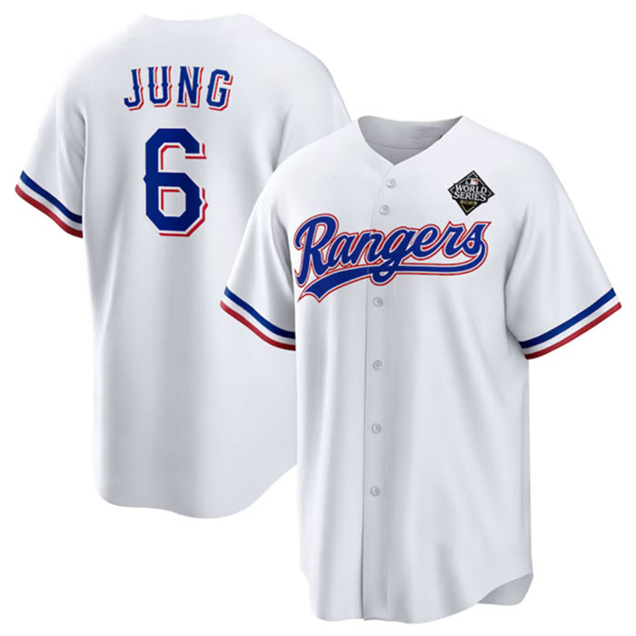 Texas Rangers #6 Josh Jung 2023 White KLUNKIM World Series Stitched Jersey