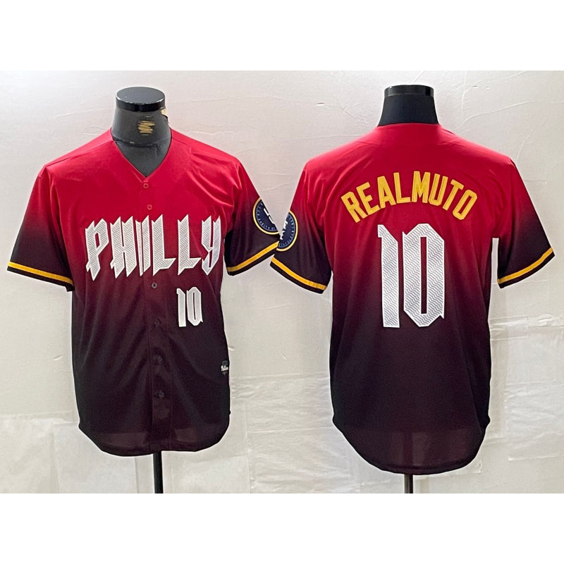 Philadelphia Phillies #10 JT Realmuto Red KLUNKIM 2024 City Player Number Cool Base Jersey 2