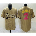 San Diego Padres #2 Xander Bogaerts Tan KLUNKIM Pinstripe 2023 City Connect Cool Base Stitched Jersey