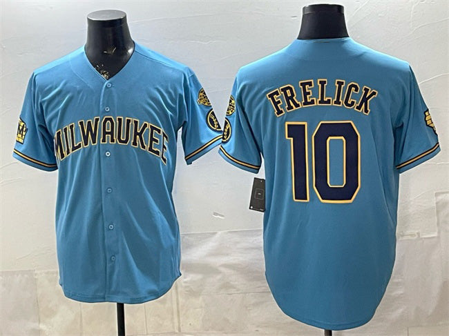 Milwaukee Brewers #10 Sal Frelick Blue KLUNKIM With Home & Bob Uecker Patch Stitched Jersey