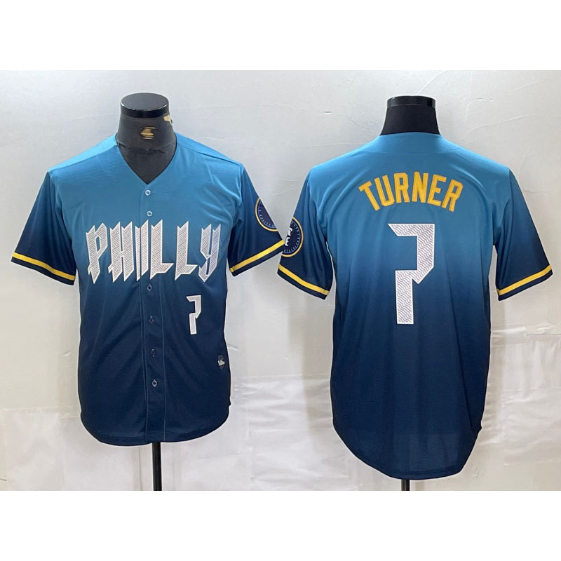 Philadelphia Phillies #7 Trea Turner Number Blue KLUNKIM 2024 City Connect Limited Stitched Jersey 2