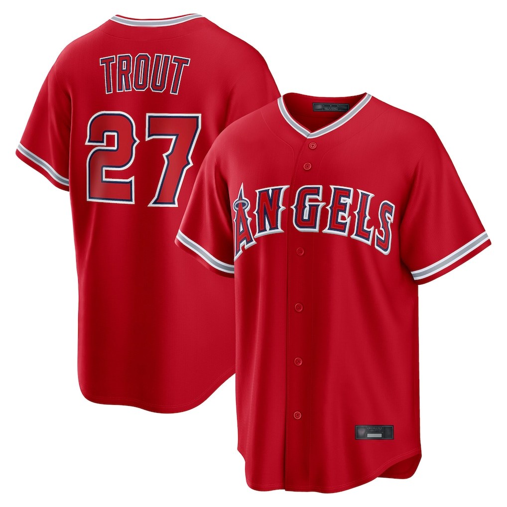 Los Angeles Angels #27 Mike Trout Player Red KLUNKIM Home Game Stitched Jerseys