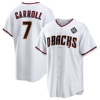 Arizona Diamondbacks #7 Corbin Carroll White KLUNKIM 2023 World Series Cool Base Stitched Jersey 2