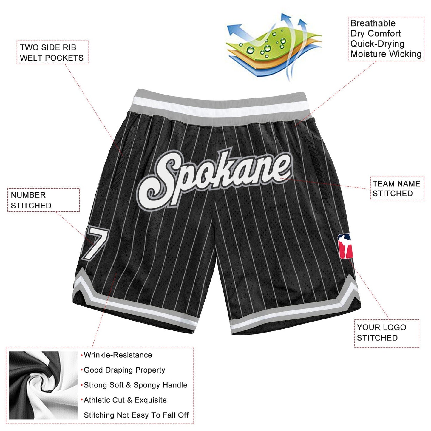 Custom Black White Pinstripe White-Gray Authentic Basketball Shorts