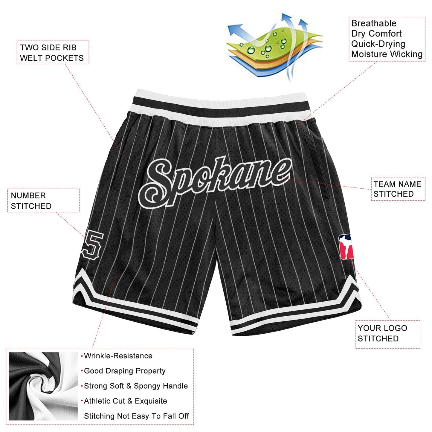 Custom Black White Pinstripe Black-White Authentic Basketball Shorts