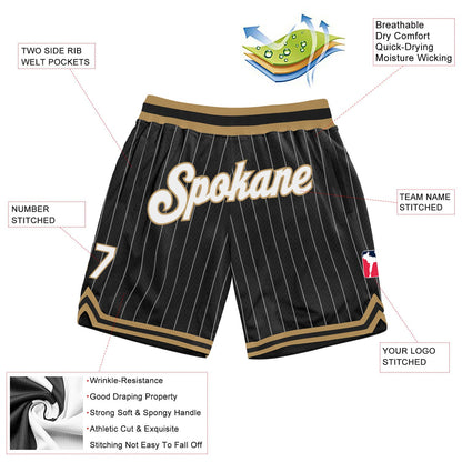 Custom Black White Pinstripe White-Old Gold Authentic Basketball Shorts