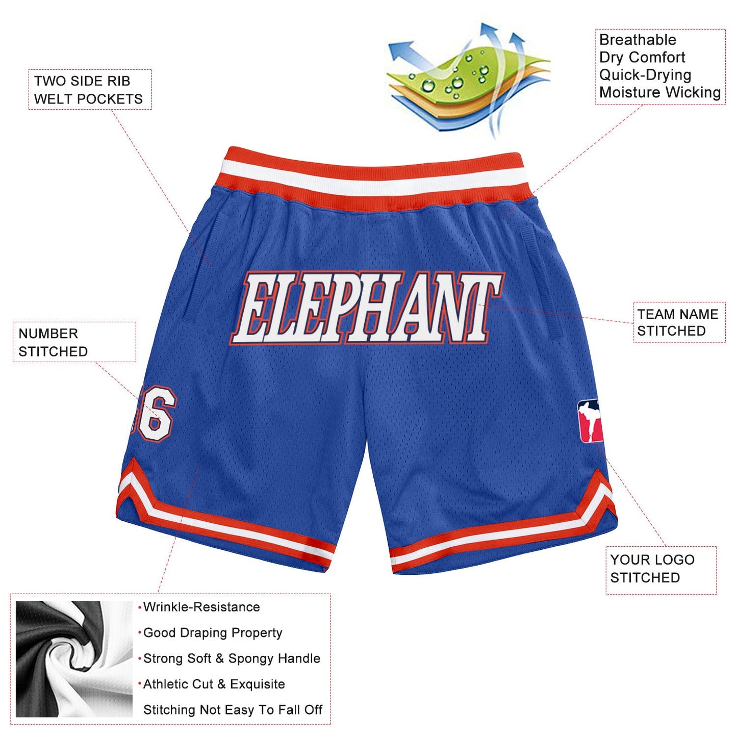 Custom Blue White-Orange Authentic Throwback Basketball Shorts