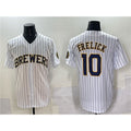 Milwaukee Brewers #10 Sal Frelick White KLUNKIM Pinstripe 2025 With Patch Stitched Jersey