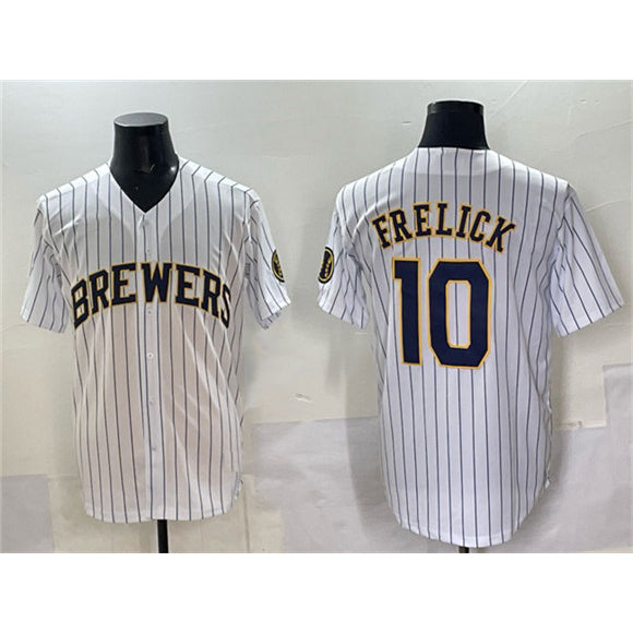 Milwaukee Brewers #10 Sal Frelick White KLUNKIM Pinstripe 2025 With Patch Stitched Jersey