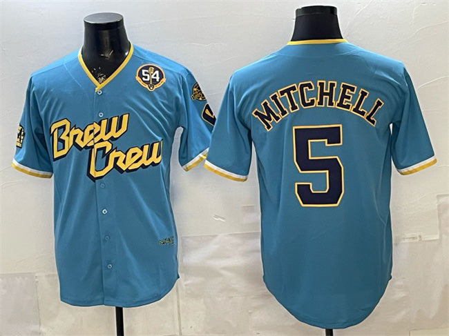 Milwaukee Brewers #5 Garrett Mitchell Powder Blue KLUNKIM City Connect With Home & Bob Uecker Patch Limited Stitched Jersey