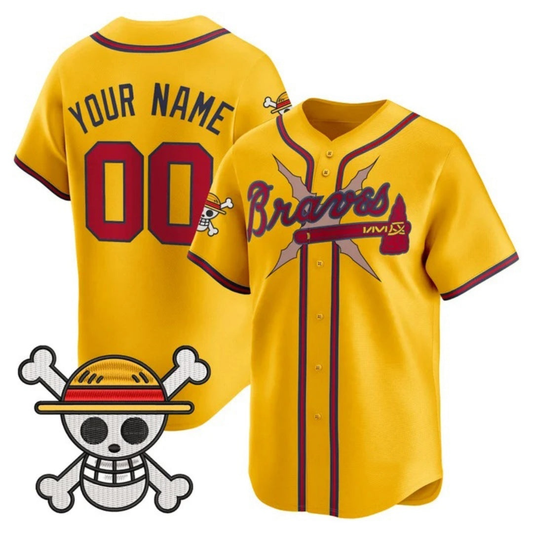 Custom Atlanta Braves x One Piece Gold KLUNKIM Vapor Premier Limited Jersey - Stitched