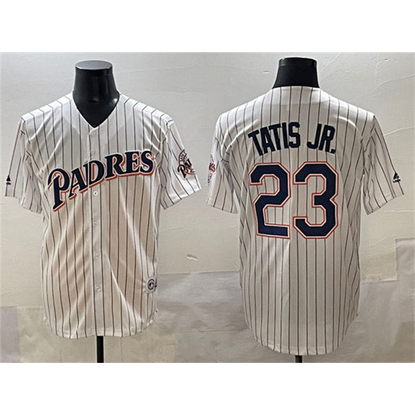 San Diego Padres #23 Fernando Tatis Jr. White KLUNKIM Throwback With Patch Cool Base Stitched Jersey