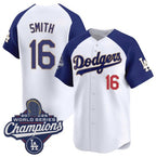 Los Angeles Dodgers #16 Will Smith White Blue KLUNKIM 2025 Champions Stitched Jersey