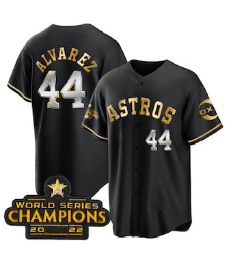 Houston Astros #44 Yordan Alvarez Black Gold KLUNKIM 2022 World Serise Champions Patch Stitched Jersey