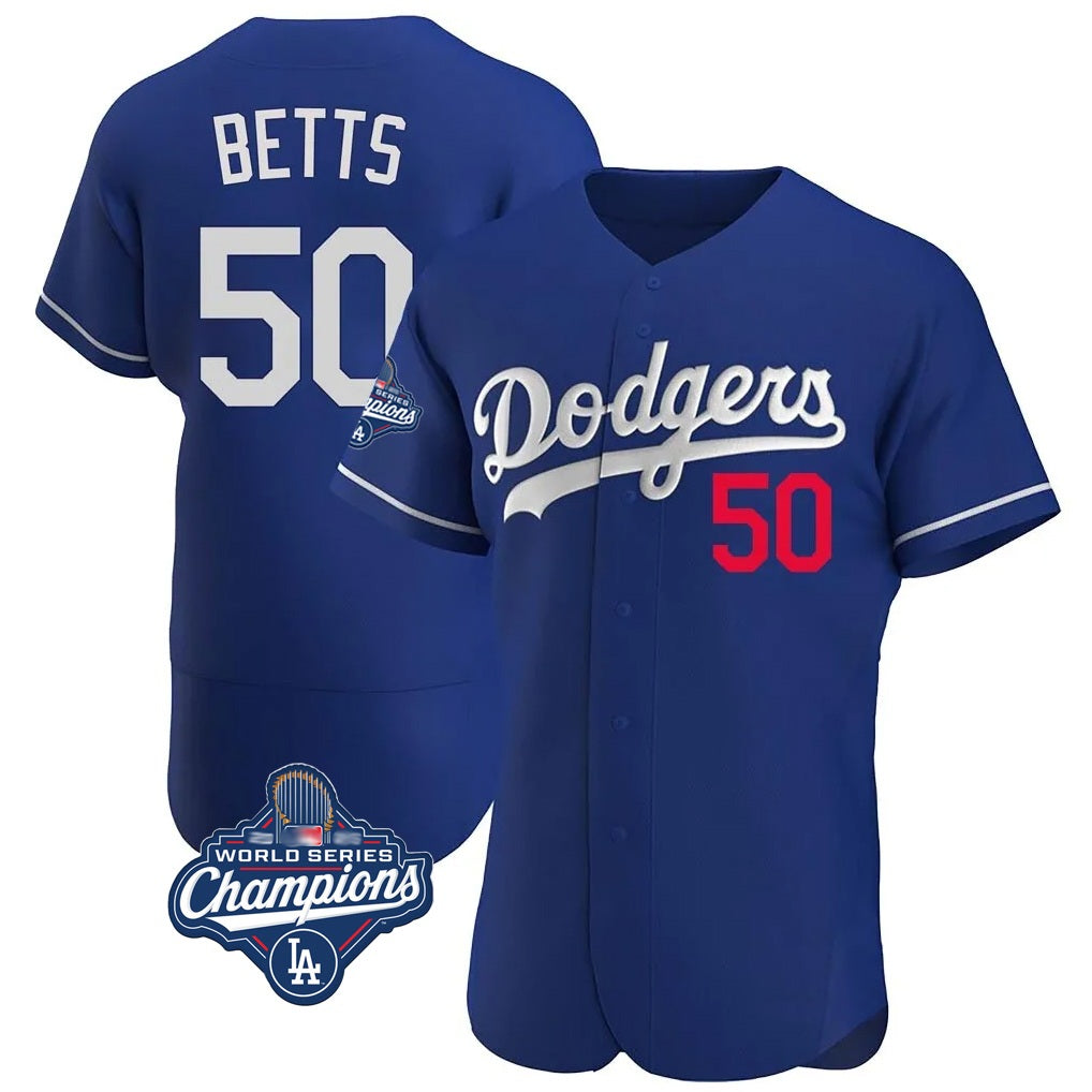 Los Angeles Dodgers #50 Mookie Betts Player Royal KLUNKIM World Series Meet Limited Elite Home Stitched Jerseys