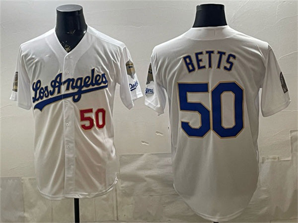 Los Angeles Dodgers #50 Mookie Betts White KLUNKIM 2026 Gold Collection 9x & B2B Champs Patch Stitched Jersey