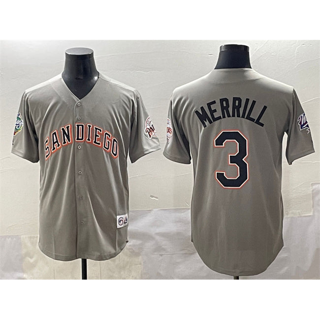 San Diego Padres #3 Jackson Merrill Gray KLUNKIM Fashion Throwback With Patch Cool Base Stitched Jersey