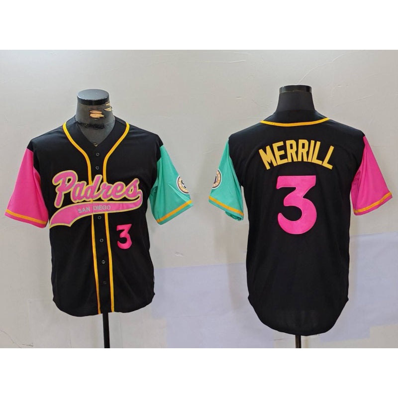 San Diego Padres #3 Jackson Merrill Number Black KLUNKIM NEW 2023 City Connect Cool Base Stitched Jersey