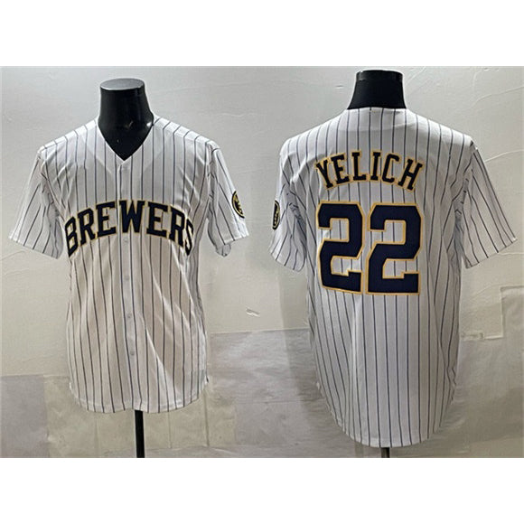 Milwaukee Brewers #22 Christian Yelich White KLUNKIM Pinstripe 2025 With Patch Stitched Jersey