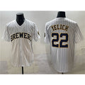 Milwaukee Brewers #22 Christian Yelich White KLUNKIM Pinstripe 2025 With Patch Stitched Jersey