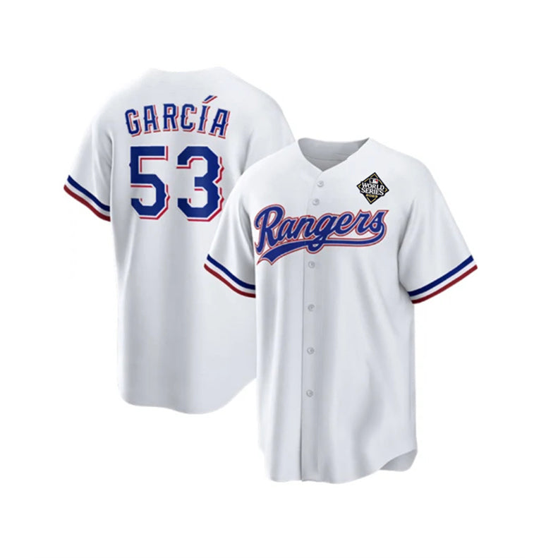 Texas Rangers #53 Adolis Garc¨ªa White KLUNKIM 2023 World Series Stitched Jersey