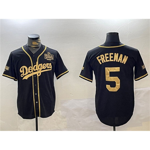 Los Angeles Dodgers #5 Freddie Freeman Black Gold KLUNKIM 2024 World Series Patch And Champions Patch Cool Base Stitched Jersey