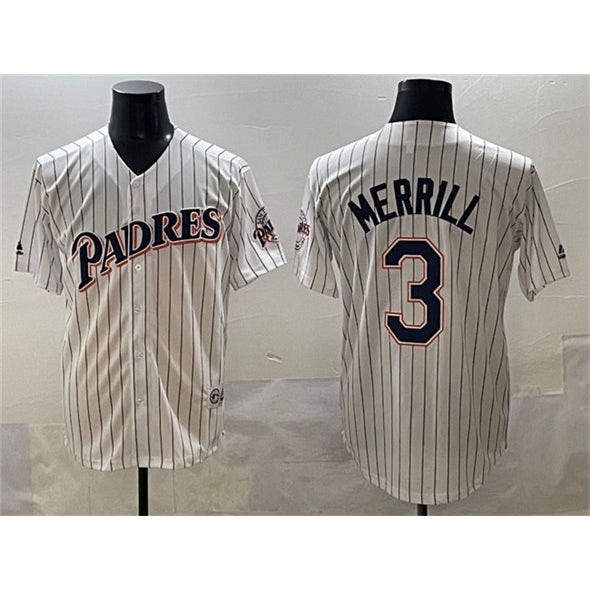 San Diego Padres #3 Jackson Merrill White KLUNKIM Throwback With Patch Cool Base Stitched Jersey