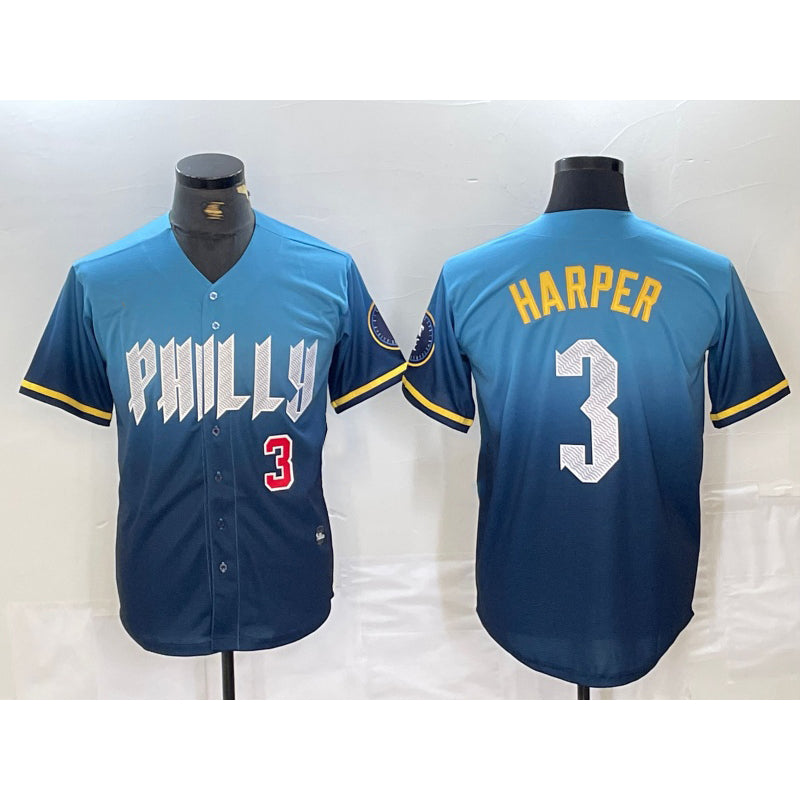 Philadelphia Phillies #3 Bryce Harper Number Blue KLUNKIM 2024 City Connect Limited Stitched Jersey 2