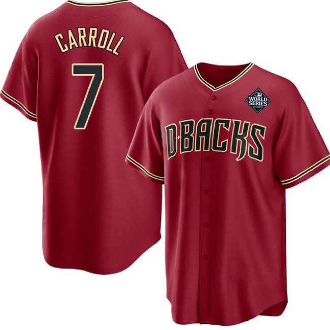 Arizona Diamondbacks #7 Corbin Carroll Red KLUNKIM 2023 World Series Cool Base Stitched Jersey