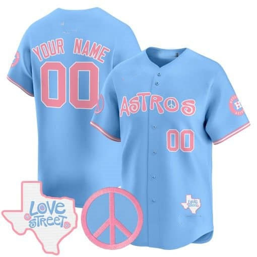 Custom Houston Astros Love Street & Peace Sign Patch Bubblegum Pink Vapor Premier Limited Jersey ¨C All Stitched Blue KLUNKIM