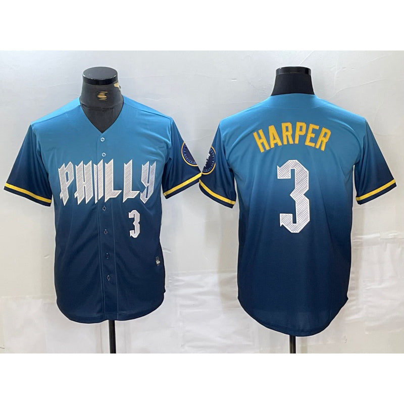 Philadelphia Phillies #3 Bryce Harper Number Blue KLUNKIM 2024 City Connect Limited Stitched Jersey