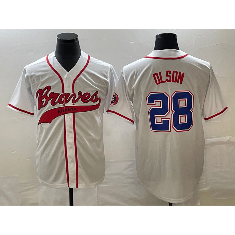Atlanta Braves #28 Matt Olson White KLUNKIM Cool Base With Patch Stitched Jersey 2