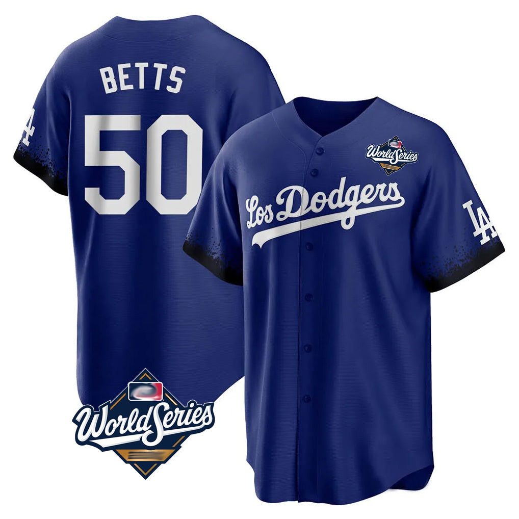 Los Angeles Dodgers #50 Mookie Betts Player Royal KLUNKIM World Series City Connect Home Game Stitched Jerseys