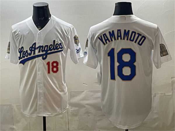 Los Angeles Dodgers #18 Yoshinobu Yamamoto White KLUNKIM 2026 Gold Collection 9x & B2B Champs Patch Stitched Jersey